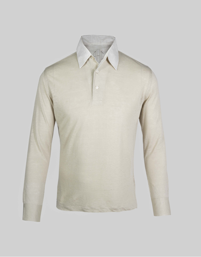 Patrick Hellmann Collection Beige Long Sleeve Polo Shirt 100% Linen image